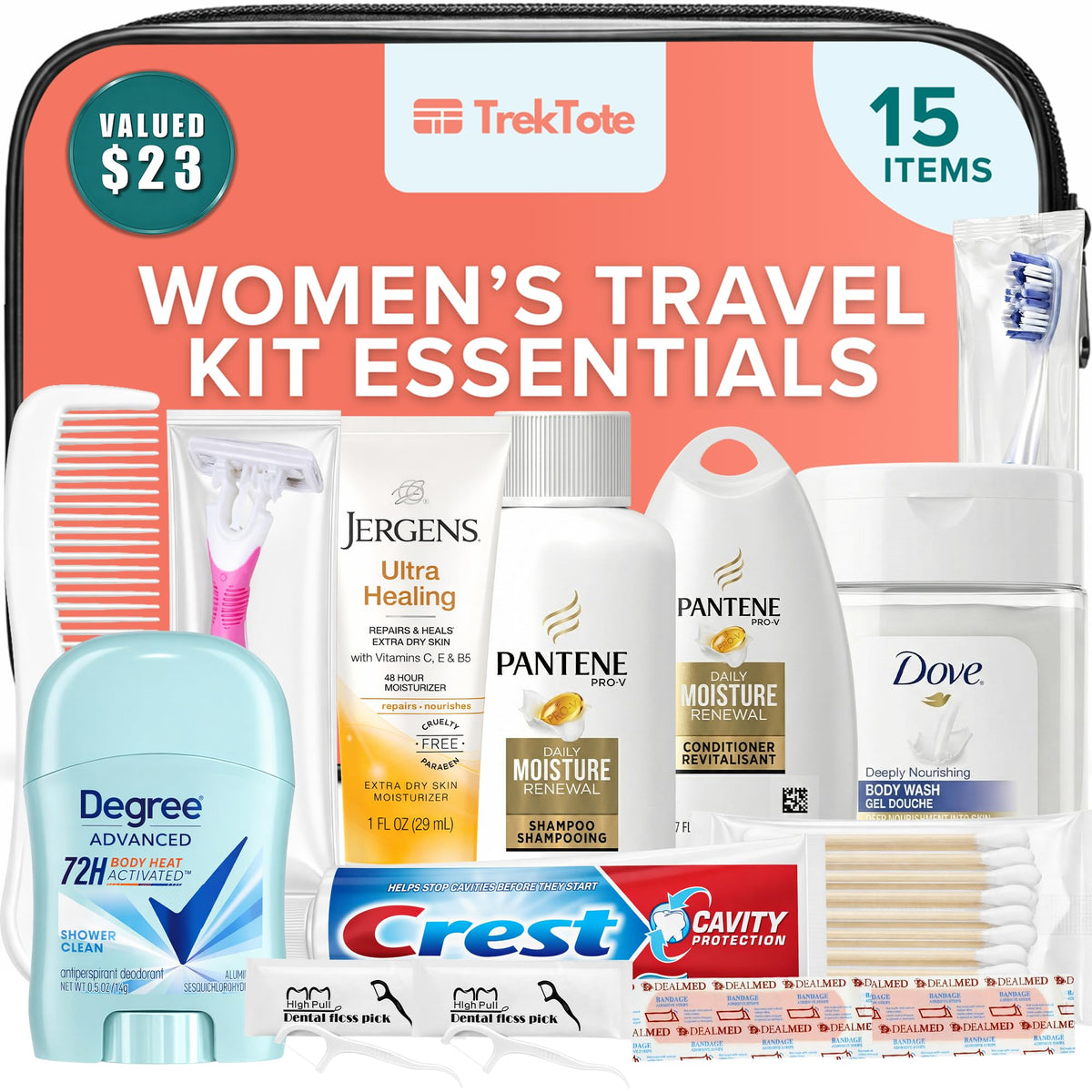 TREKTOTE 15-Piece Women’s Travel Toiletry Kit front view with clear zippered bag
