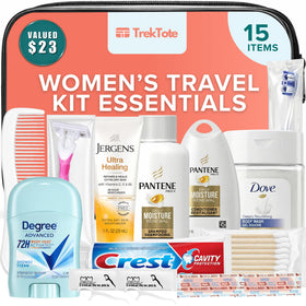 TREKTOTE 15-Piece Women’s Travel Toiletry Kit front view with clear zippered bag