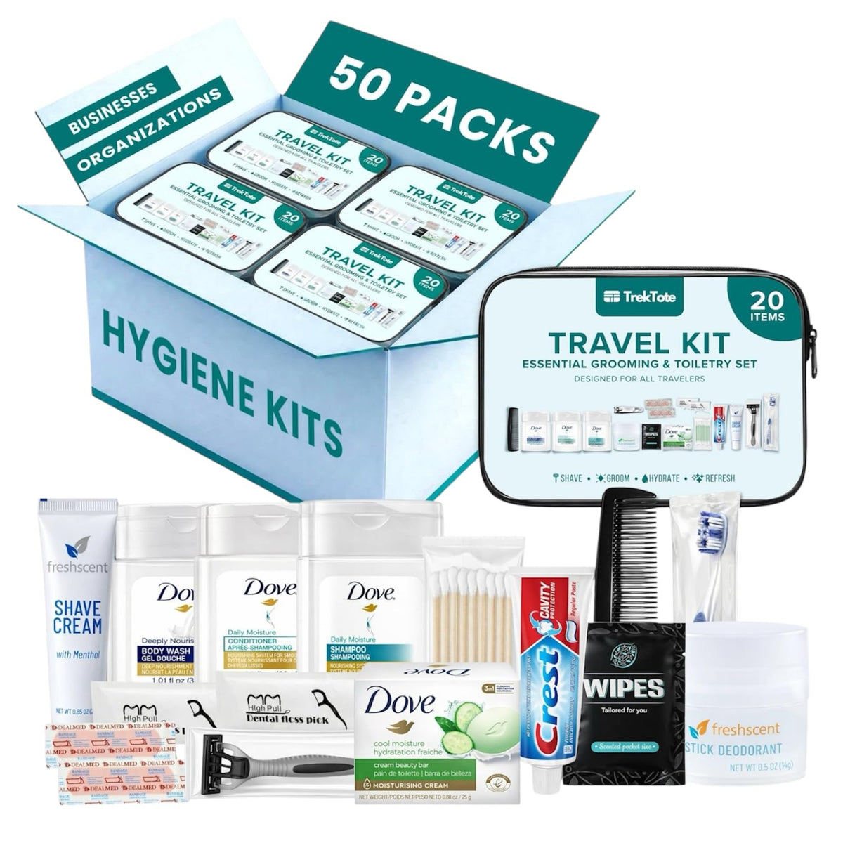 TREKTOTE 20-Piece Hygiene Kit front view in clear bag