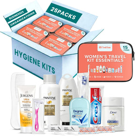 TREKTOTE 25 Pack Women’s Bulk Hygiene Kits front view with clear zippered bags