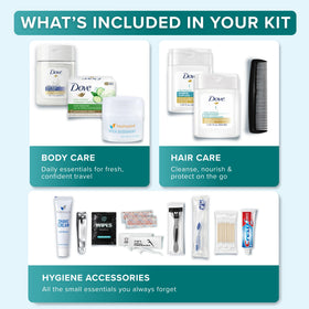 TREKTOTE hygiene kit contents including mini shampoo and deodorant