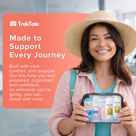 TREKTOTE toiletry kit displayed with travel accessories
