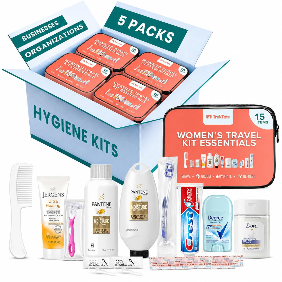 TREKTOTE Women's Hygiene Kit front view with clear bag and toiletries