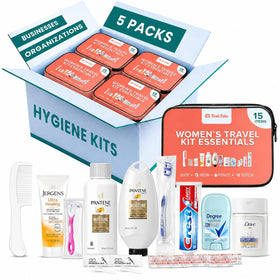 TREKTOTE Women's Hygiene Kit front view with clear bag and toiletries
