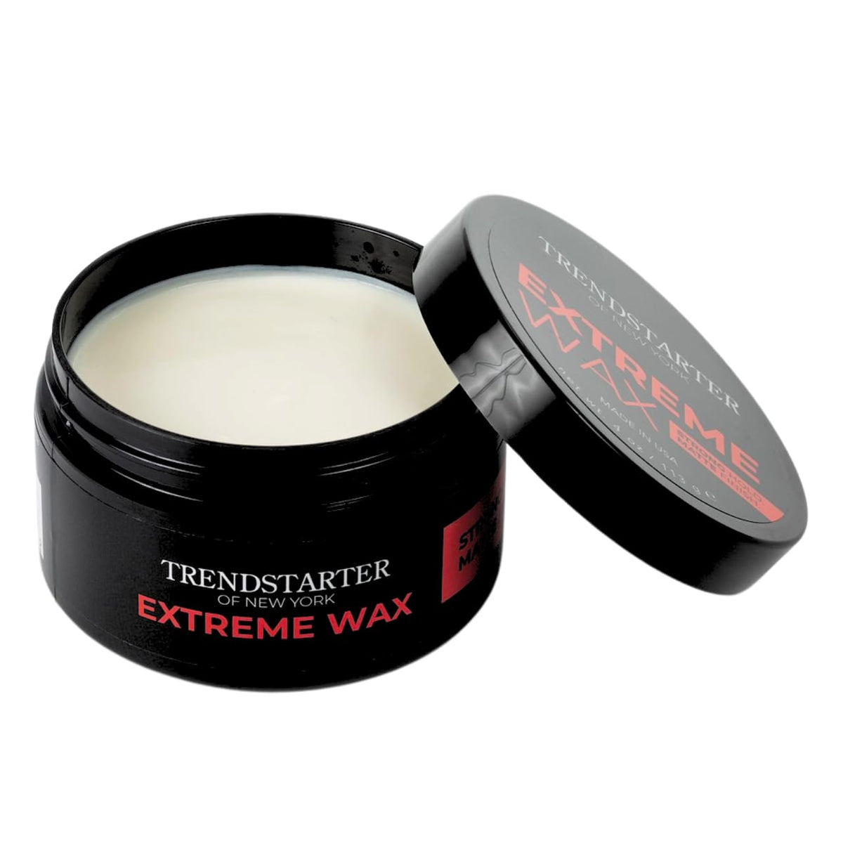 TRENDSTARTER Hair Wax 4oz on a countertop with hair tools
