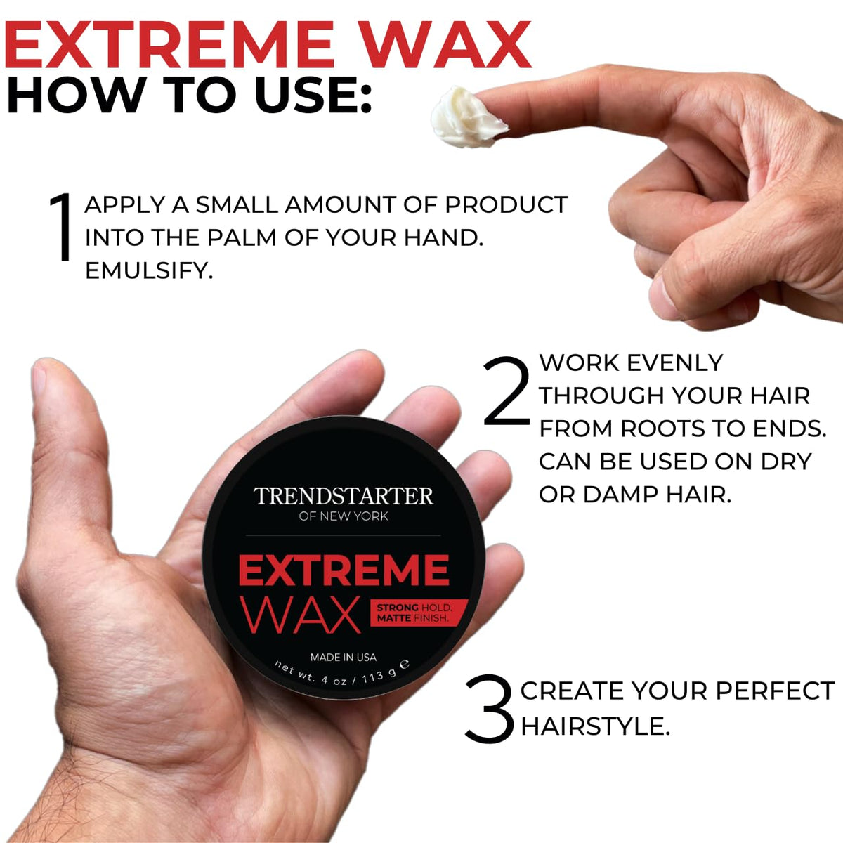 TRENDSTARTER Hair Wax 4oz with hair styled in matte finish