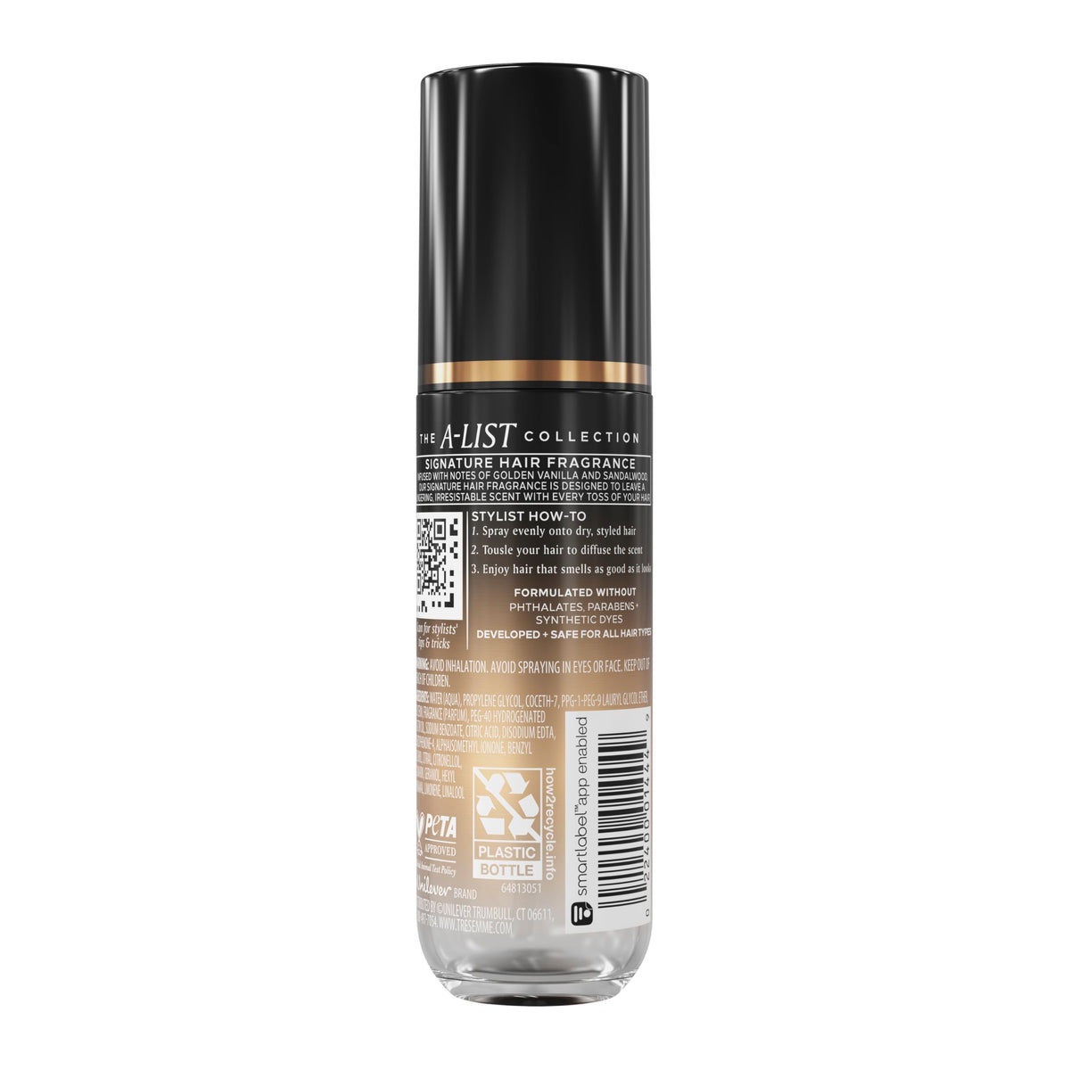 TRESemmé A-List hair fragrance bottle with Golden Vanilla + Sandalwood scent