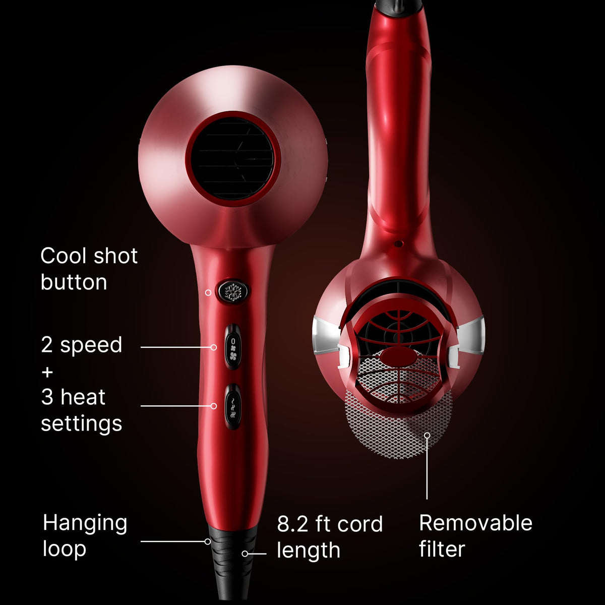 TREZORO Hair Dryer showing 8.2ft cord