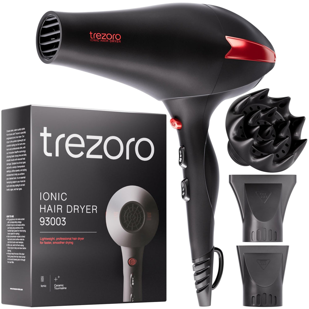 TREZORO Professional Hair Dryer front view with diffuser