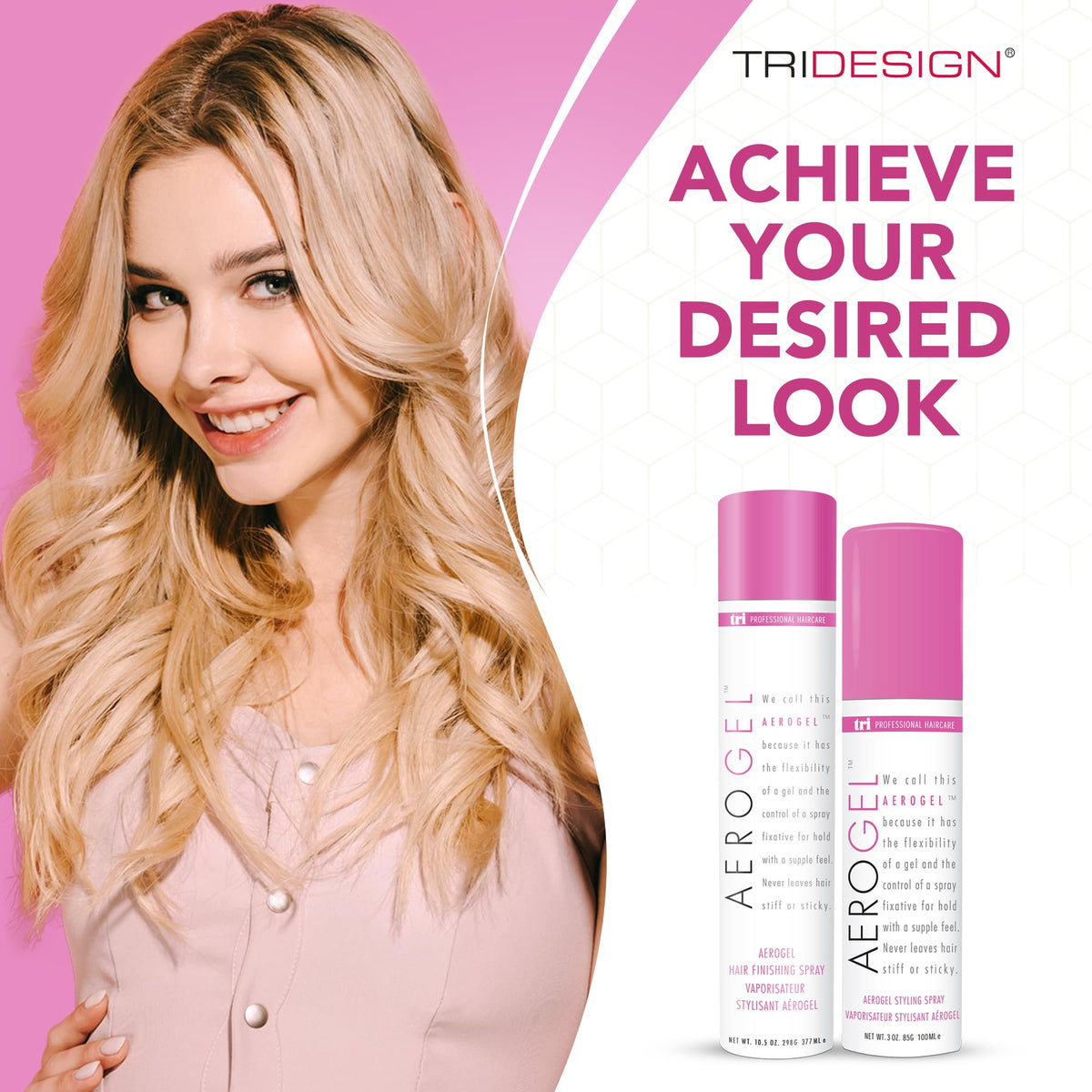 TRIDESIGN Aerogel Hair Spray in use on styled hair