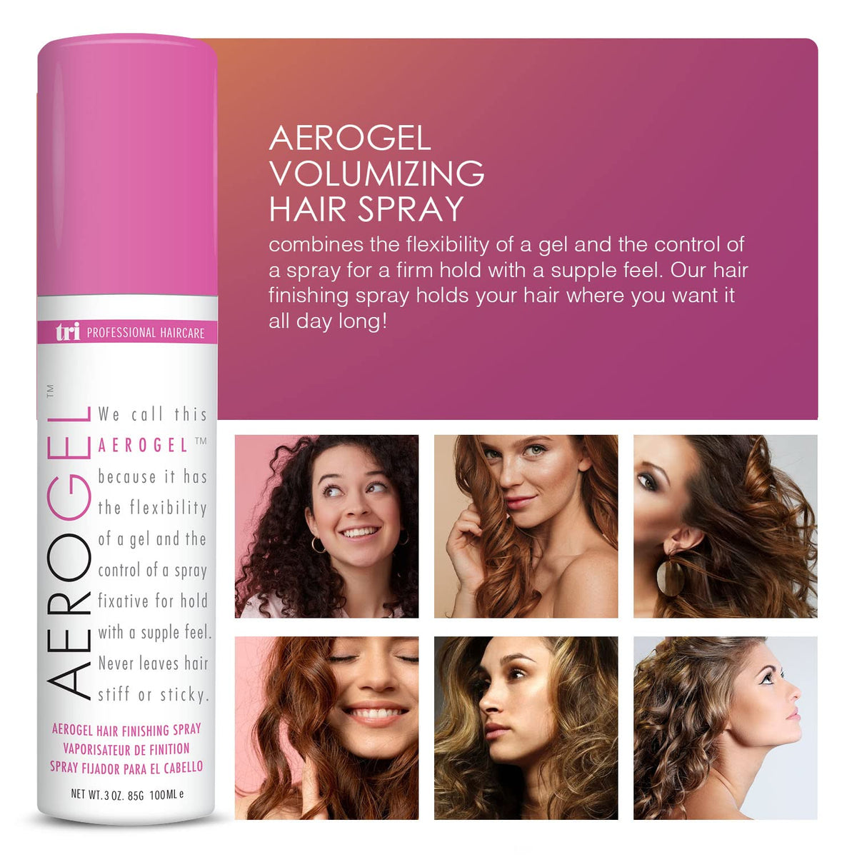 TRIDESIGN Aerogel Strong Hold Hair Spray 3 oz side view