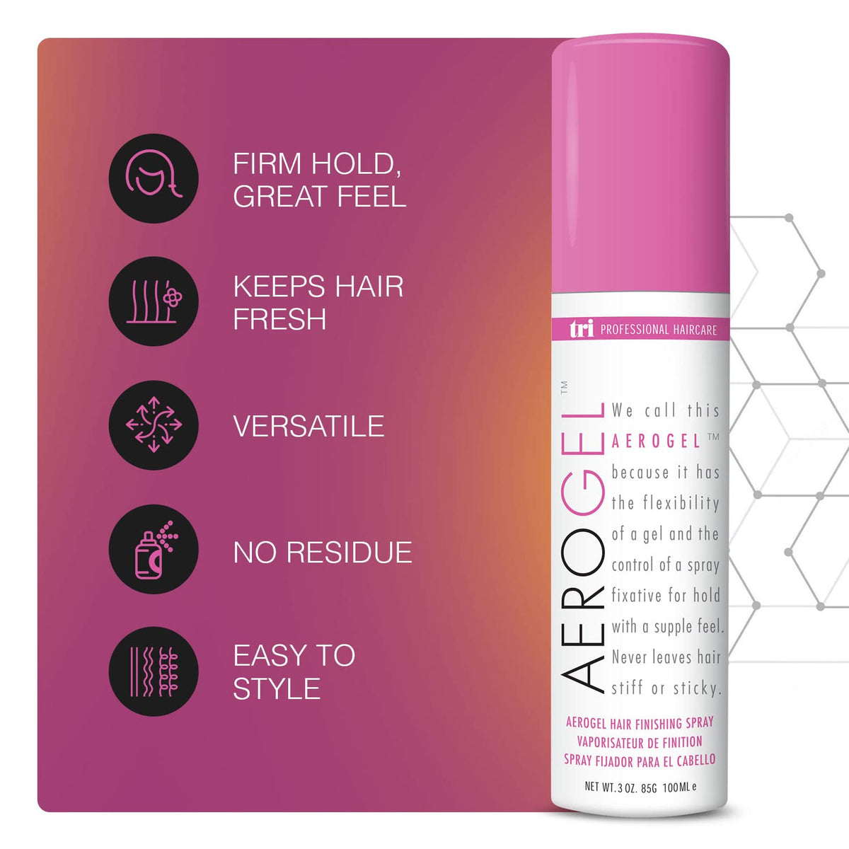 TRIDESIGN Aerogel Strong Hold Hair Spray back view with ingredients