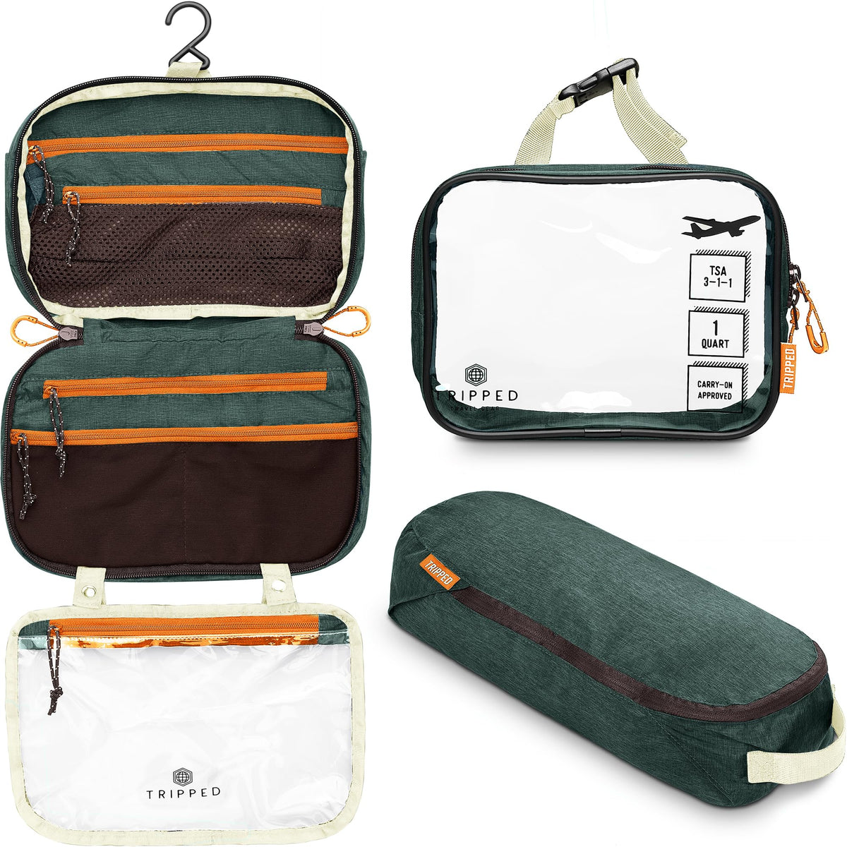 TRIPPED Travel Gear Toiletry Bag Kit Set front view in green