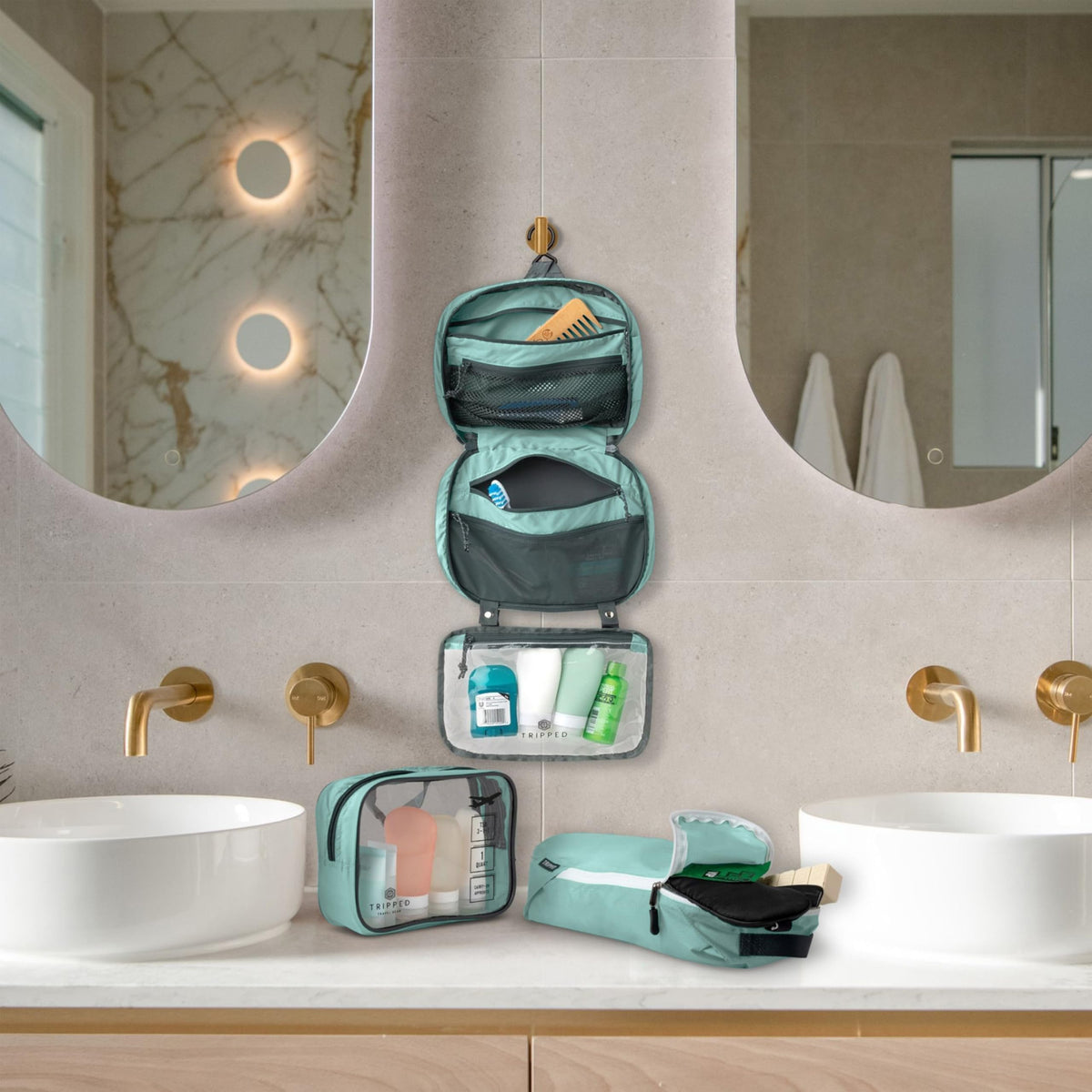TRIPPED Travel Gear toiletry bag set in a bathroom setting