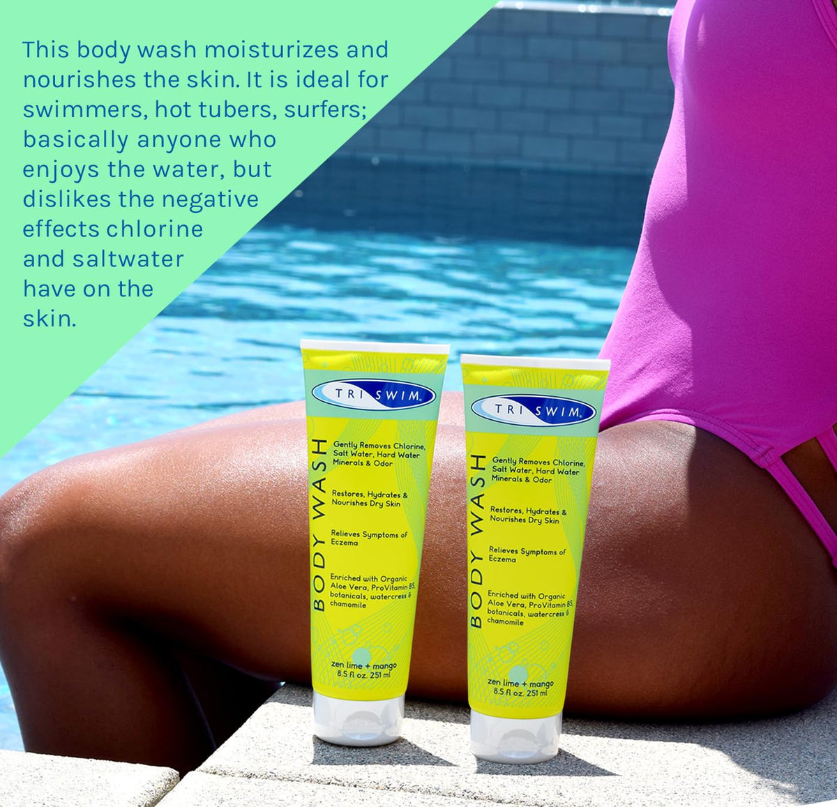 TRISWIM body wash in a bathroom setting after swimming