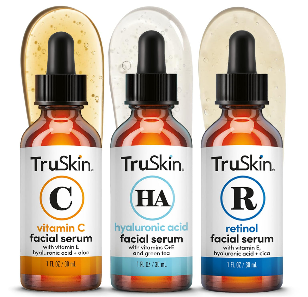 TruSkin Serum Trio packaging with Vitamin C, Retinol, and Hyaluronic Acid