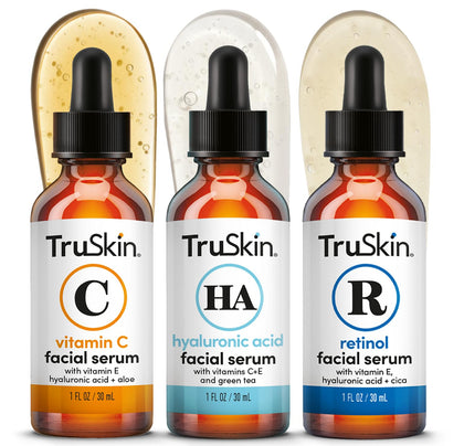 TruSkin Serum Trio packaging with Vitamin C, Retinol, and Hyaluronic Acid
