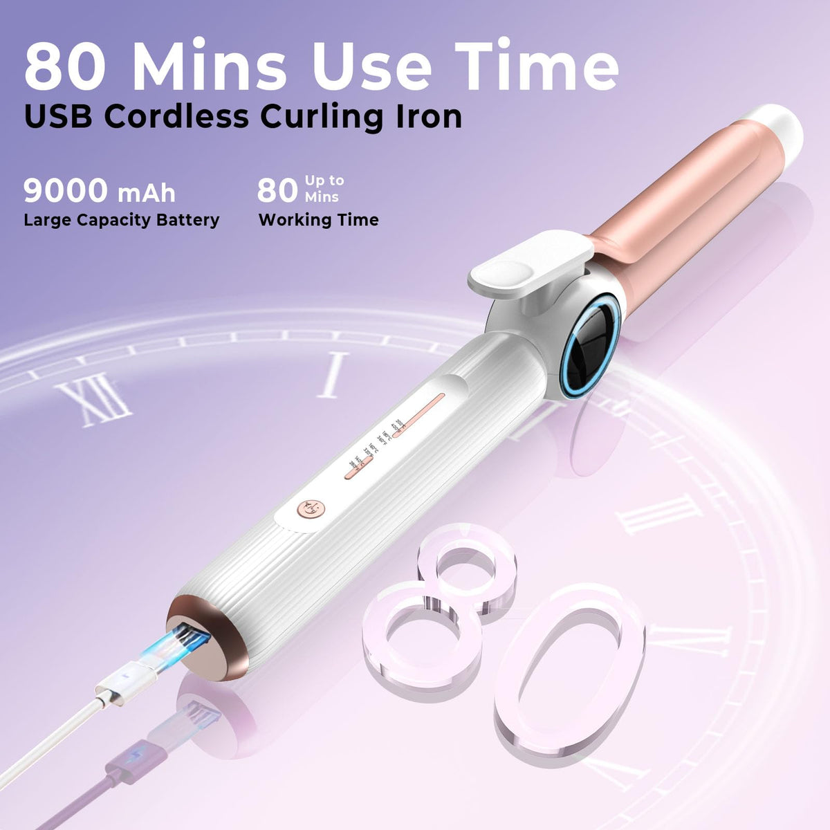 trylater Cordless Curling Iron side view with heat settings