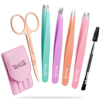 TsMADDTs 6-Pc Eyebrow Tweezers Set with pink leather case