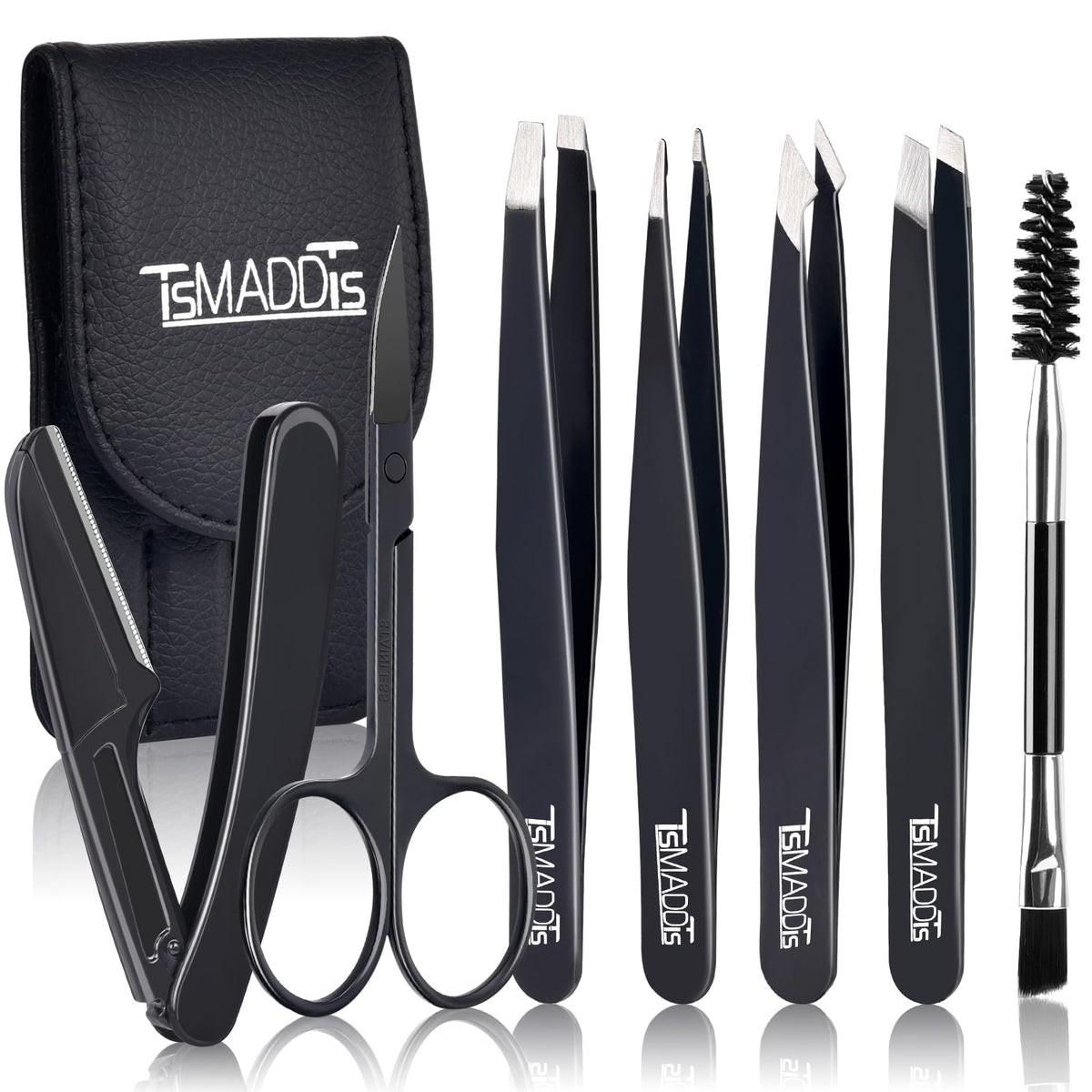 TsMADDTs 7 Pack Tweezers Set with curved scissors and eyebrow razor