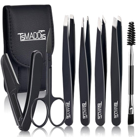 TsMADDTs 7 Pack Tweezers Set with curved scissors and eyebrow razor