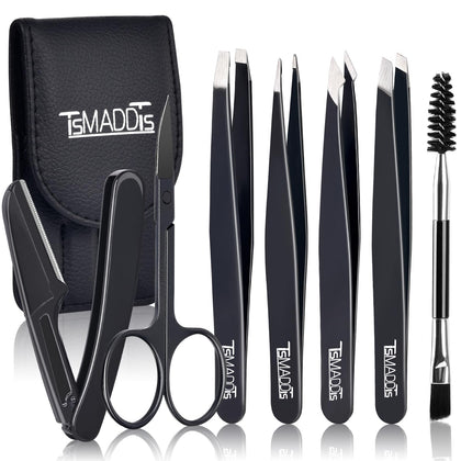 TsMADDTs 7 Pack Tweezers Set with curved scissors and eyebrow razor