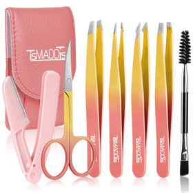 TsMADDTs 7 pcs tweezers set with pink and yellow tools
