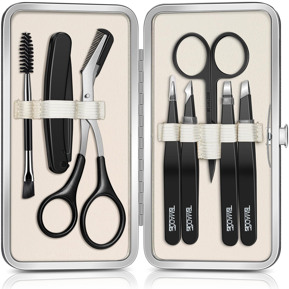 TsMADDTs 8 in 1 Eyebrow Tweezers Kit front view with tools