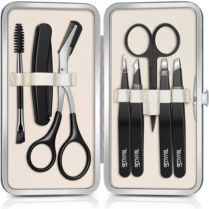 TsMADDTs 8 in 1 Eyebrow Tweezers Kit front view with tools