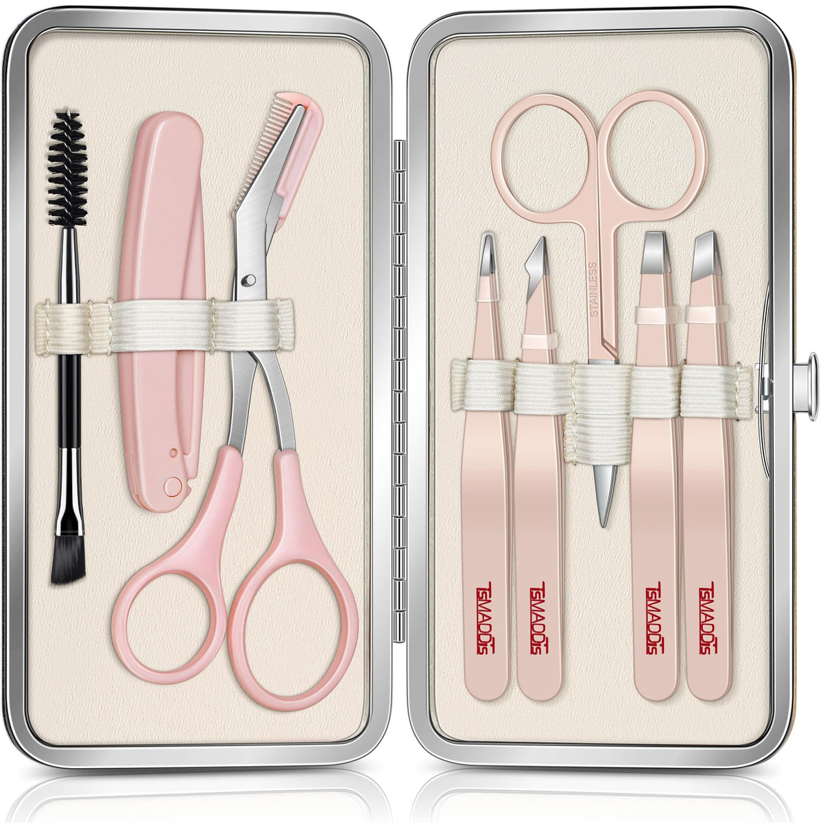 TsMADDTs 8-piece eyebrow kit front view with tweezers and case