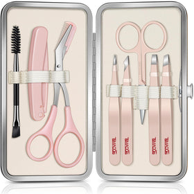TsMADDTs 8-piece eyebrow kit front view with tweezers and case