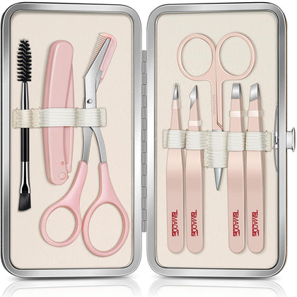 TsMADDTs 8-piece eyebrow kit front view with tweezers and case