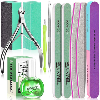 TsMADDTs Cuticle Pusher Nail File Kit front view with tools and oil