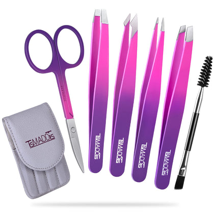 TsMADDTs Eyebrow Tweezer Set front view with pink and purple tools