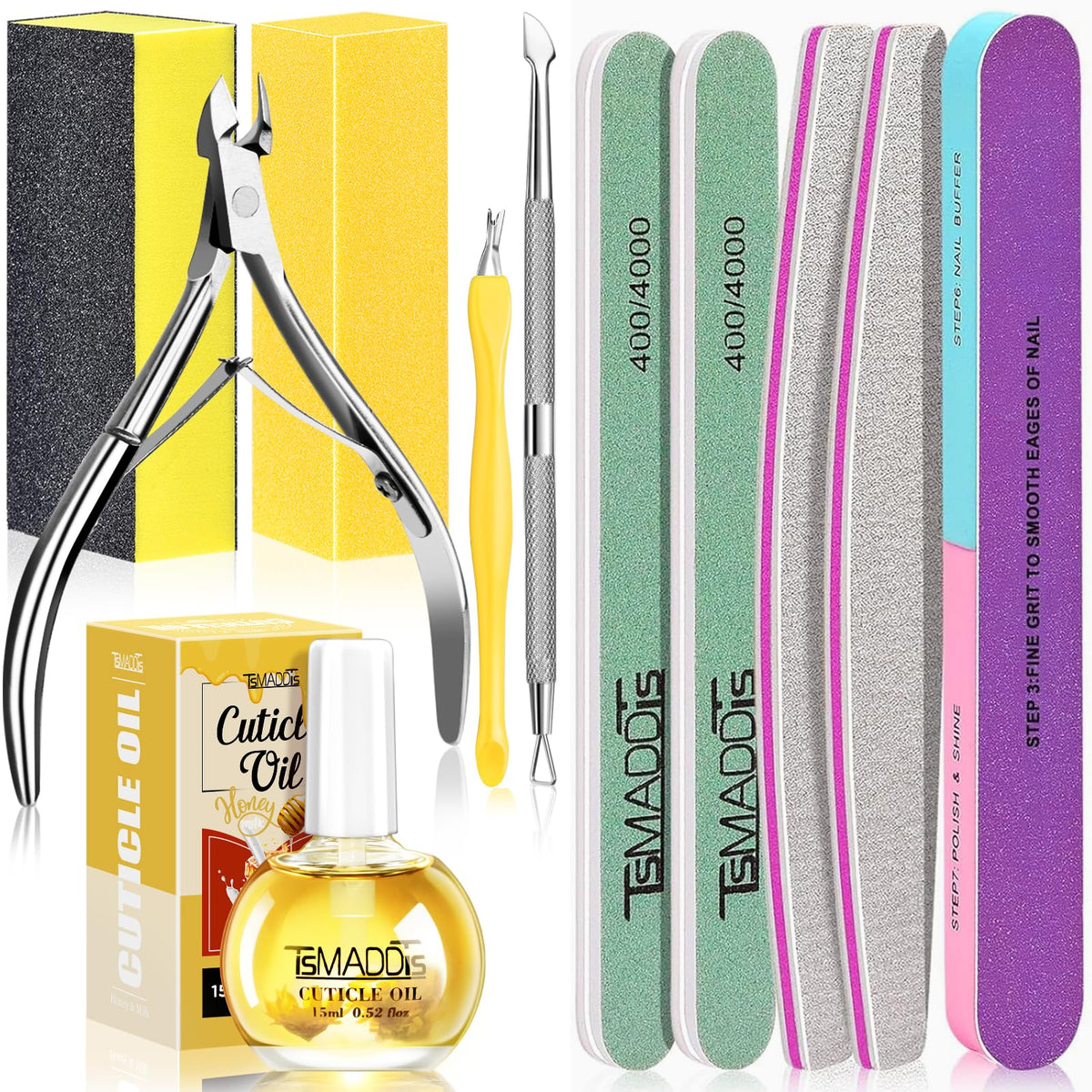 TsMADDTs Nail Care Kit contents including nail files, buffers, and cuticle oil