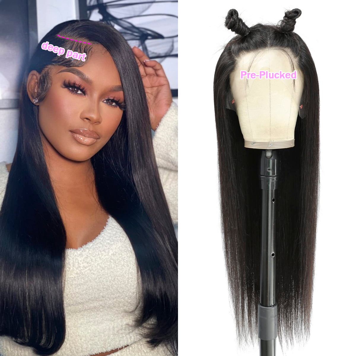 TTSMINS 13x6 Lace Front Wig 26 Inch Straight Hair styled in a bun