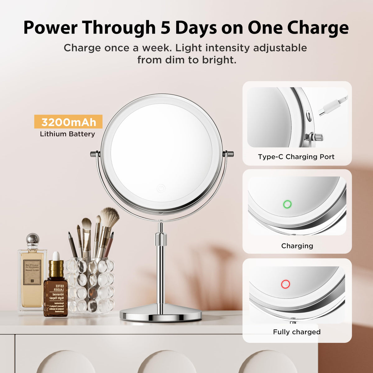 tubbede Double-Sided Makeup Mirror showing warm light mode