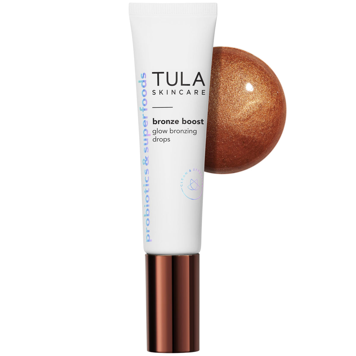TULA Bronze support Glow Bronzing Drops front view with packaging