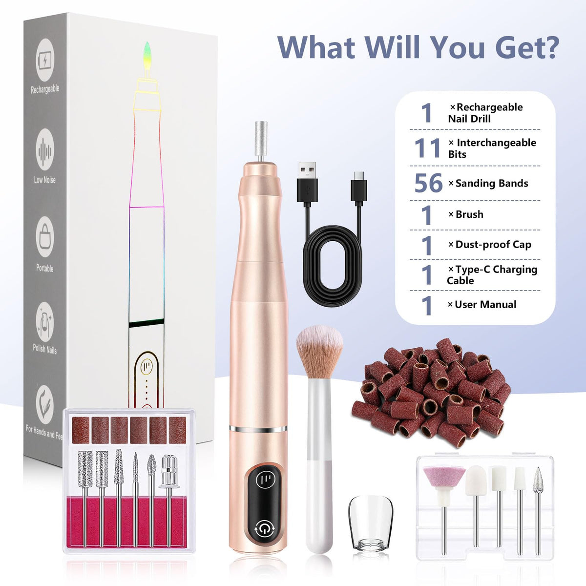 TUOBEO Cordless Nail Drill in a travel bag