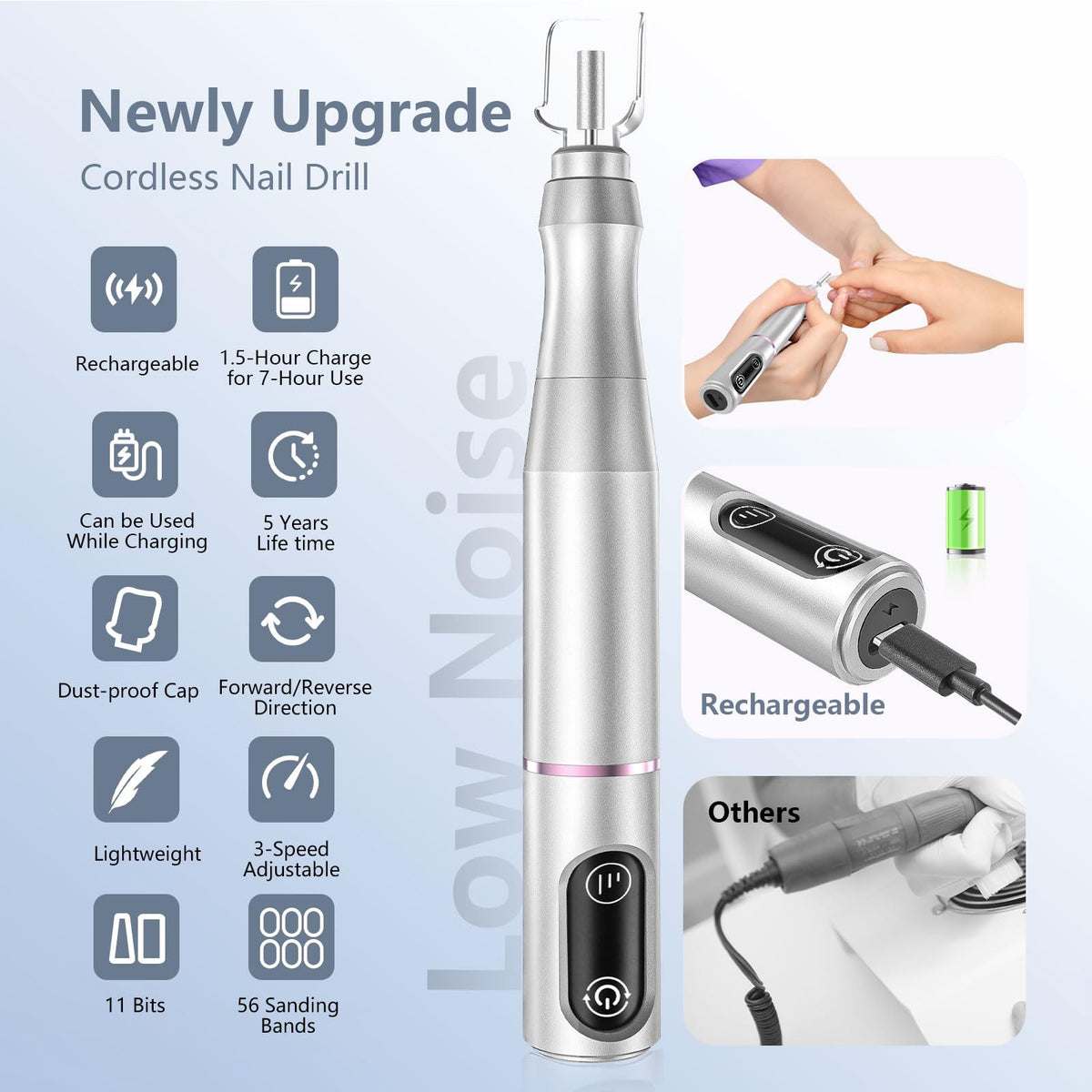 TUOBEO cordless nail drill in use on natural nails