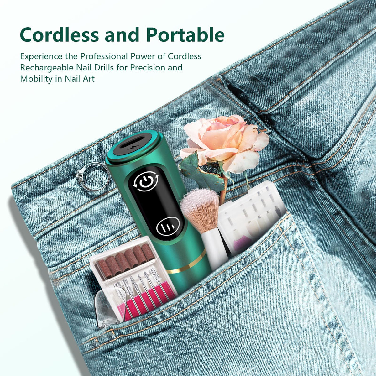 TUOBEO Cordless Nail Drill showing battery life indicator