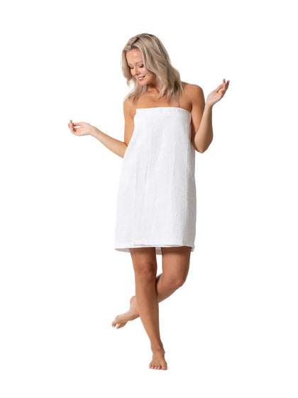 Turkish Linen Women's Waffle Spa Body Wrap front view in white