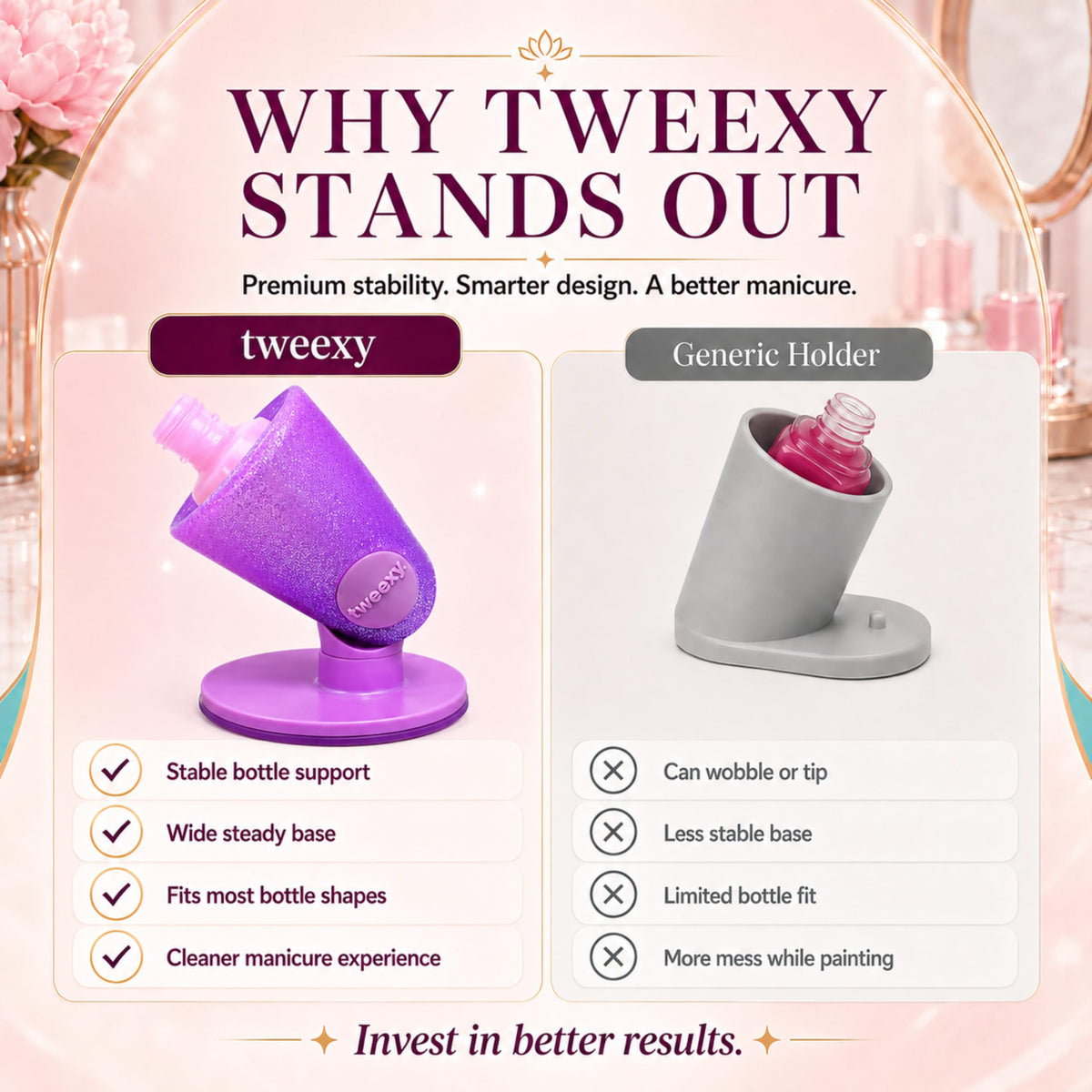 tweexy Hinge Nail Polish Holder with various nail polish bottles