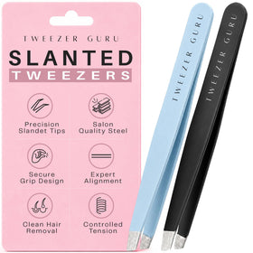 TWEEZER GURU eyebrow tweezers slant tip black and sky blue front view