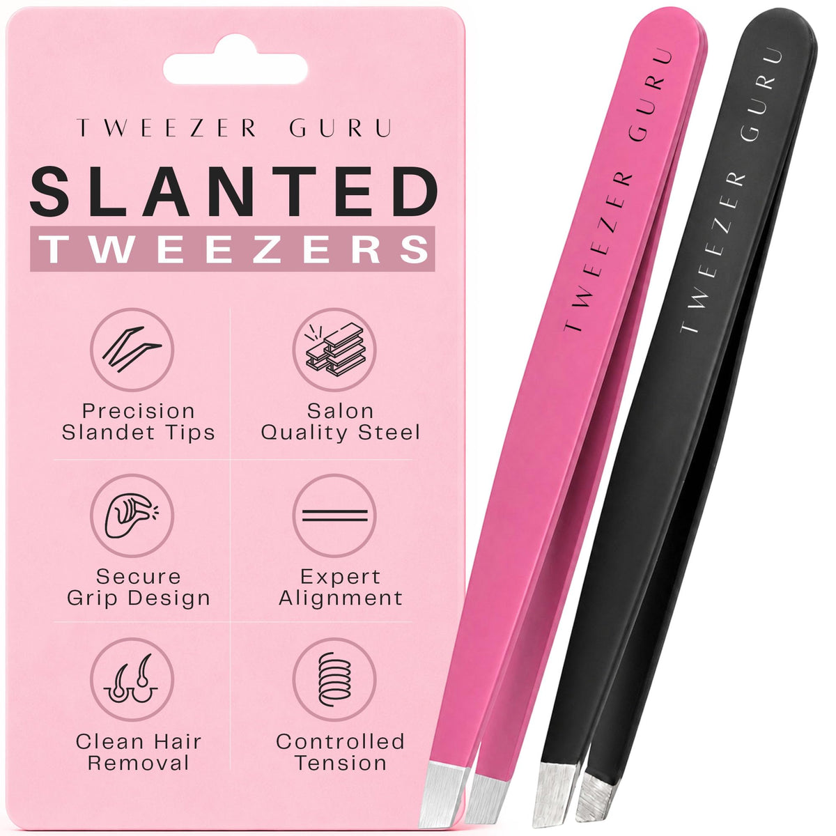 TWEEZER GURU Precision Slant-Pointed Tweezers black and pink front view