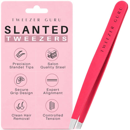 TWEEZER GURU Precision Slant-Pointed Tweezers in bright pink front view