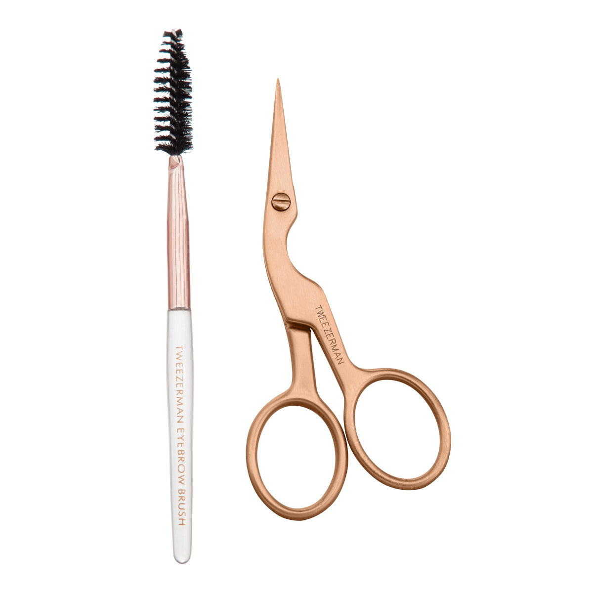 Tweezerman Eyebrow Shaping Scissors & Brush Rose Gold front view