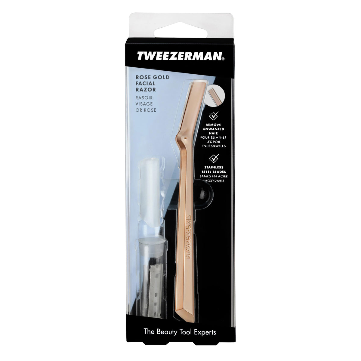 Tweezerman Facial Razor Rose Gold in use on skin