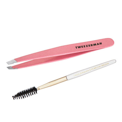 Tweezerman Full Slant Tweezer and Brush Tea Rose front view