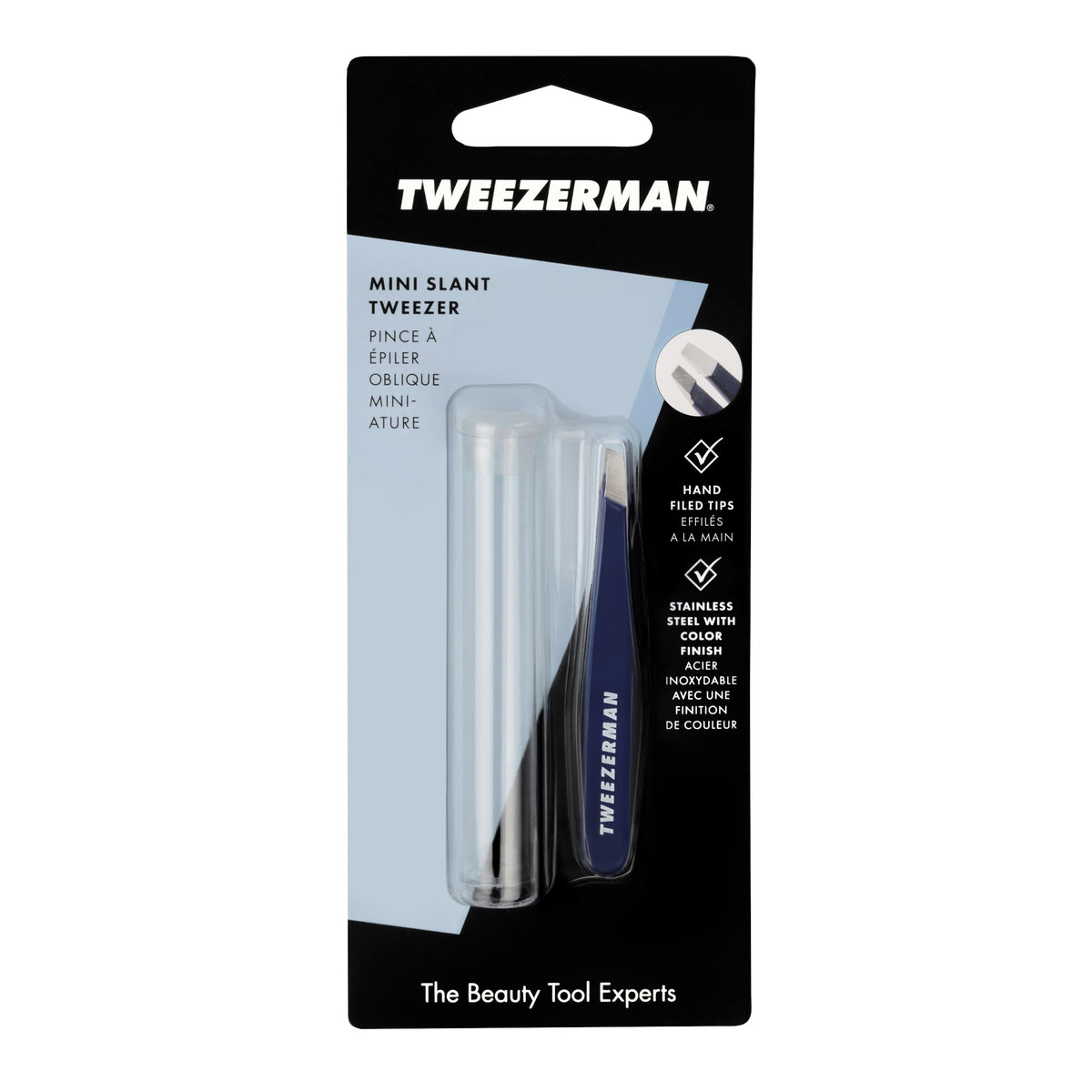 Tweezerman Mini Slant Tweezer Evening Blue in hand